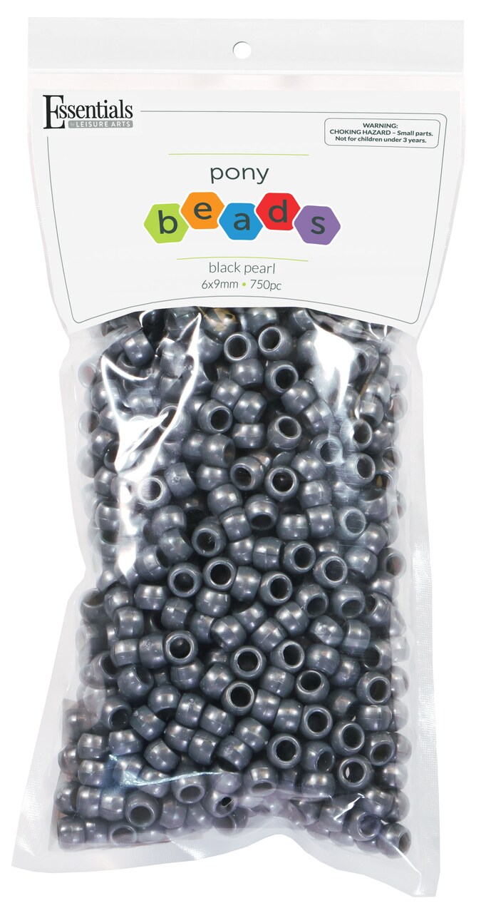 Essentials by Leisure Arts Pony Bead 6mm x 9mm Pearl Black Opaque Plastic Pony Beads Bulk 750 pieces for Arts, Crafts, Bracelet, Necklace, Jewelry Making, Earring, Hair Braiding